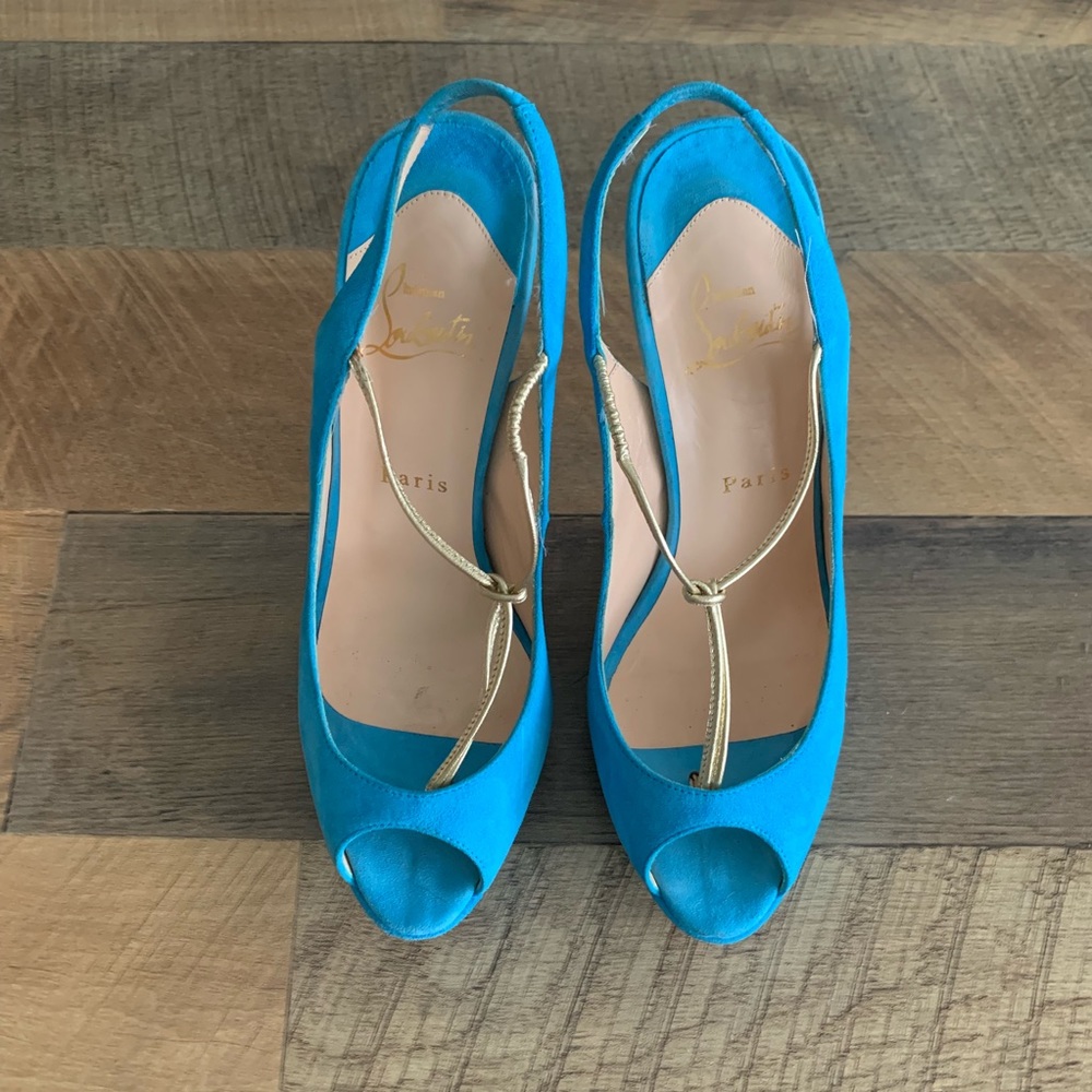 Christian Louboutin Suede Peep Toe Pumps - Picture 2 of 7